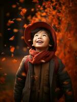 asiático niño en emocional dinámica actitud en otoño antecedentes ai generativo foto