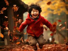 Asian kid in emotional dynamic pose on autumn background AI Generative photo