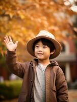 Asian kid in emotional dynamic pose on autumn background AI Generative photo
