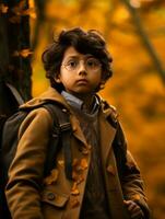 Asian kid in emotional dynamic pose on autumn background AI Generative photo