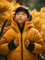 Asian kid in emotional dynamic pose on autumn background AI Generative photo