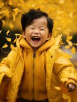 Asian kid in emotional dynamic pose on autumn background AI Generative photo