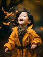 Asian kid in emotional dynamic pose on autumn background AI Generative photo