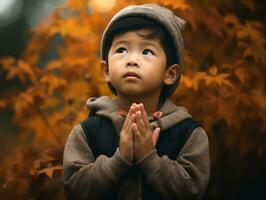 asiático niño en emocional dinámica actitud en otoño antecedentes ai generativo foto