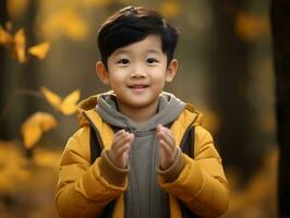 Asian kid in emotional dynamic pose on autumn background AI Generative photo