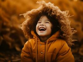 Asian kid in emotional dynamic pose on autumn background AI Generative photo