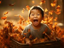 Asian kid in emotional dynamic pose on autumn background AI Generative photo