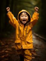 asiático niño en emocional dinámica actitud en otoño antecedentes ai generativo foto