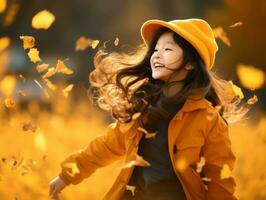 Asian kid in emotional dynamic pose on autumn background AI Generative photo