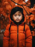 Asian kid in emotional dynamic pose on autumn background AI Generative photo