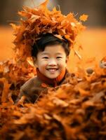 asiático niño en emocional dinámica actitud en otoño antecedentes ai generativo foto