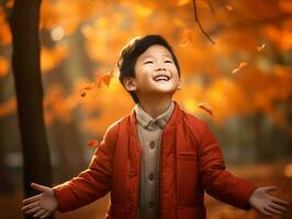 asiático niño en emocional dinámica actitud en otoño antecedentes ai generativo foto