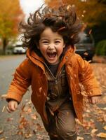 Asian kid in emotional dynamic pose on autumn background AI Generative photo