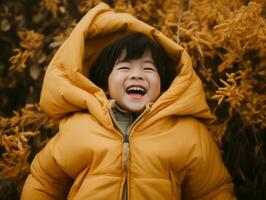 Asian kid in emotional dynamic pose on autumn background AI Generative photo