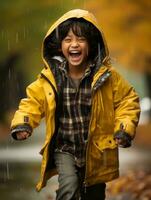 Asian kid in emotional dynamic pose on autumn background AI Generative photo