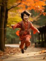 Asian kid in emotional dynamic pose on autumn background AI Generative photo