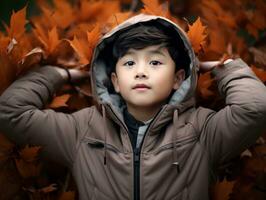 Asian kid in emotional dynamic pose on autumn background AI Generative photo