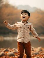 Asian kid in emotional dynamic pose on autumn background AI Generative photo