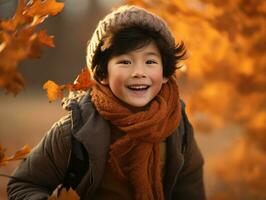 Asian kid in emotional dynamic pose on autumn background AI Generative photo