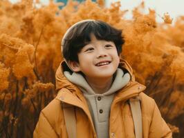 Asian kid in emotional dynamic pose on autumn background AI Generative photo