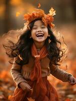 Asian kid in emotional dynamic pose on autumn background AI Generative photo