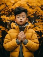 Asian kid in emotional dynamic pose on autumn background AI Generative photo