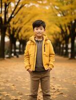 asiático niño en emocional dinámica actitud en otoño antecedentes ai generativo foto