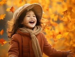 Asian kid in emotional dynamic pose on autumn background AI Generative photo