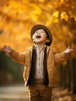 asiático niño en emocional dinámica actitud en otoño antecedentes ai generativo foto