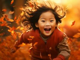 Asian kid in emotional dynamic pose on autumn background AI Generative photo