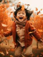 Asian kid in emotional dynamic pose on autumn background AI Generative photo