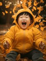 Asian kid in emotional dynamic pose on autumn background AI Generative photo