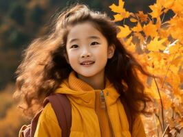 Asian kid in emotional dynamic pose on autumn background AI Generative photo