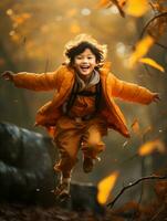 Asian kid in emotional dynamic pose on autumn background AI Generative photo