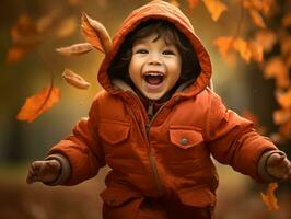 Asian kid in emotional dynamic pose on autumn background AI Generative photo