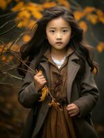 Asian kid in emotional dynamic pose on autumn background AI Generative photo