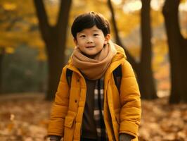 Asian kid in emotional dynamic pose on autumn background AI Generative photo