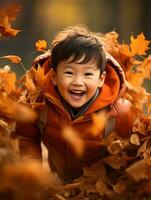 asiático niño en emocional dinámica actitud en otoño antecedentes ai generativo foto