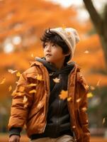 Asian kid in emotional dynamic pose on autumn background AI Generative photo