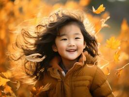 Asian kid in emotional dynamic pose on autumn background AI Generative photo