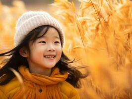 Asian kid in emotional dynamic pose on autumn background AI Generative photo