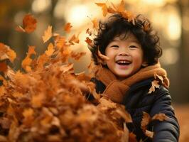 Asian kid in emotional dynamic pose on autumn background AI Generative photo