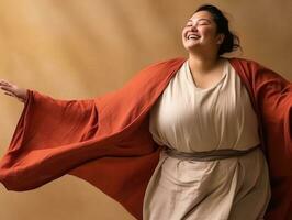 Plus size asian woman in emotional dynamic pose AI Generative photo