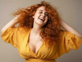 Plus size woman in emotional dynamic pose AI Generative photo