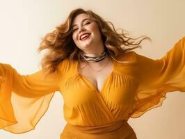 Plus size woman in emotional dynamic pose AI Generative photo