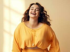 Plus size woman in emotional dynamic pose AI Generative photo