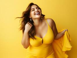 Plus size woman in emotional dynamic pose AI Generative photo