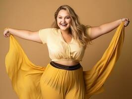 Plus size woman in emotional dynamic pose AI Generative photo