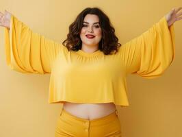 Plus size woman in emotional dynamic pose AI Generative photo