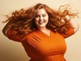 Plus size woman in emotional dynamic pose AI Generative photo